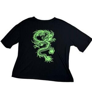 Black T-Shirt with Neon Green Dragon Print M‎